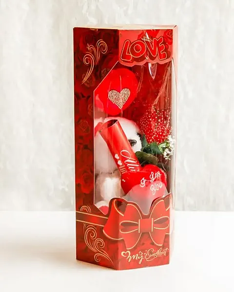 Συσκευασία με Λευκό Αρκουδάκι, Τριαντάφυλλο και Φωτάκι Καρδιά