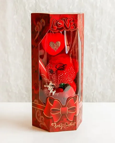 Συσκευασία με Κόκκινο Αρκουδάκι, Τριαντάφυλλο και Φωτάκι Καρδιά